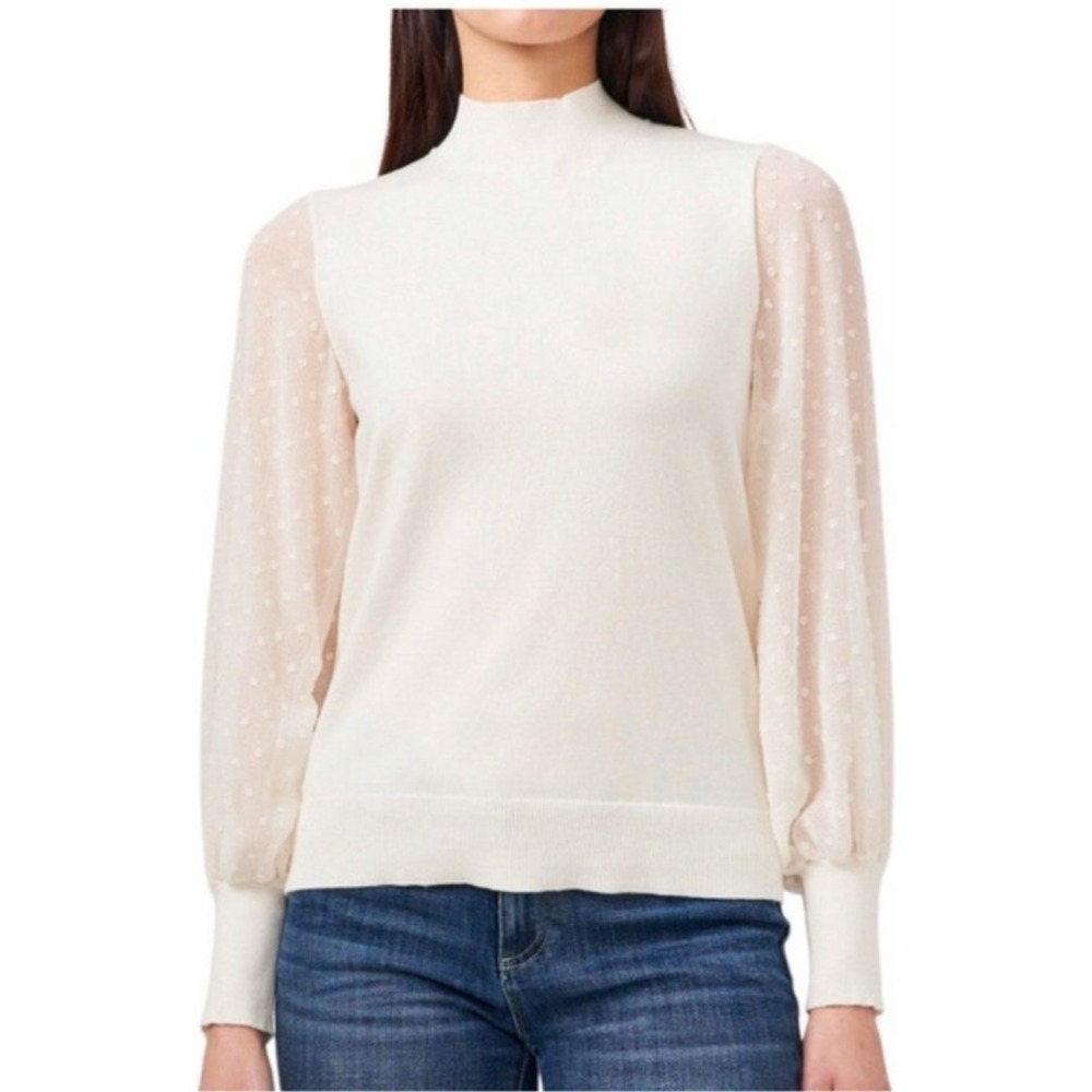 Vince Camuto Mock Neck Sheer Dot Sleeve Sweater Cream XL NWOT